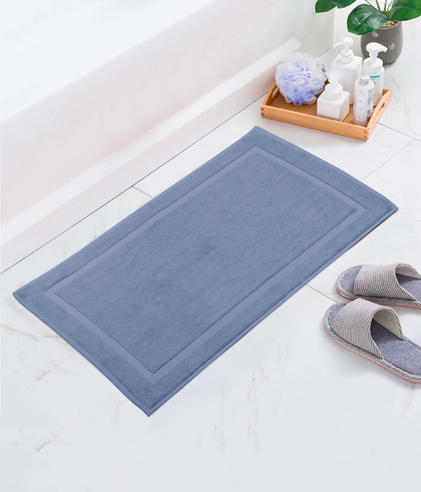 COTTON CRAFT Bath Mats - 2 Pack 100% Cotton 21x30 Inches - Ultra Absorbent - Plush 900 GSM - Banded Border Luxury Towel Rug - Step Out Tub Shower Floor Mat -Not a Bathroom Rug - Azure Blue
