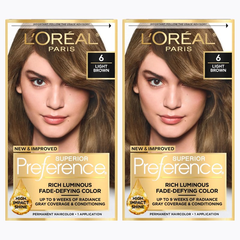 L'Oreal Paris Superior Preference Luminous Fade-Defying Permanent Hair Color, Hair Dye For Up to 9 Weeks of Radiance, Light Brown 6, 1 Hair Dye Kit (Pack of 2)