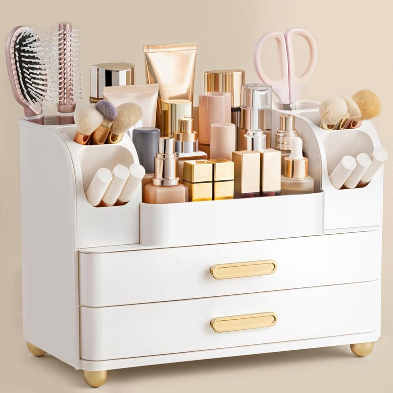 Makeup Organizer for Vanity - Large Cosmetic Storage with Brush Holder | All White, Perfect for Lipsticks & Skincare