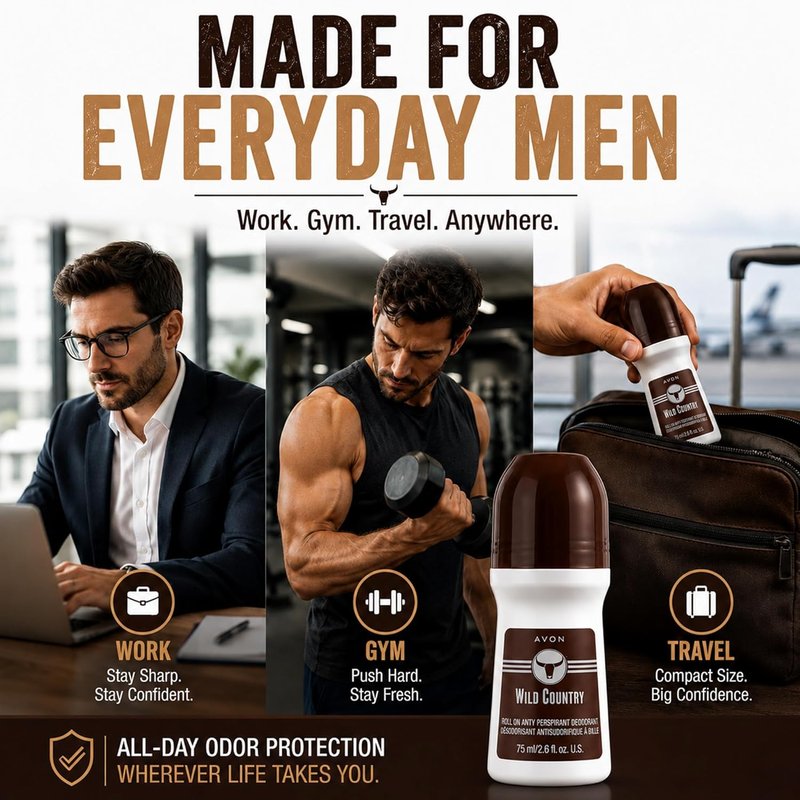AVON Wild Country Roll-On Antiperspirant Deodorant for Men - 24-Hour Odor Protection, Quick-Dry Formula | Pack of 4, 2.6 oz