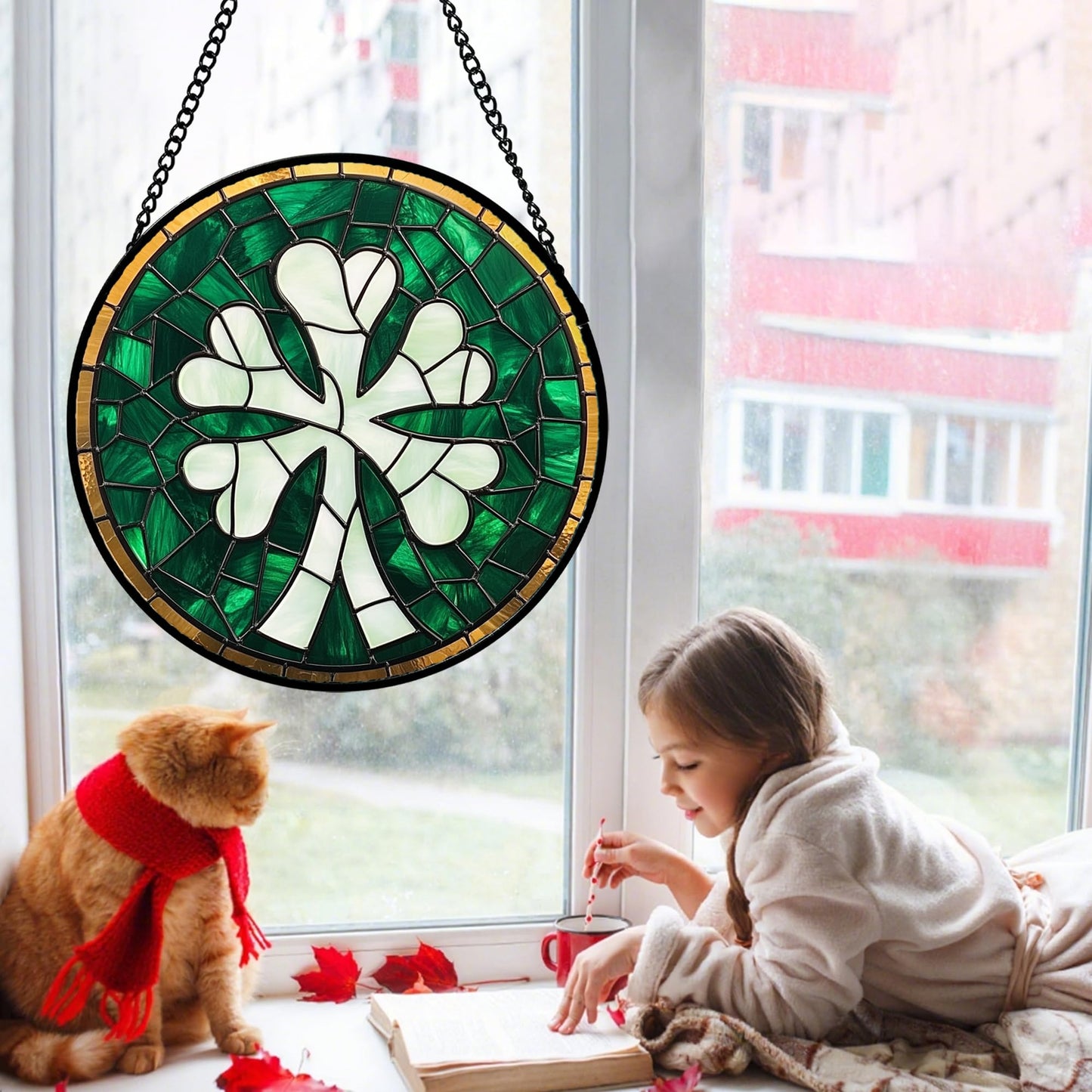 QZQCBLC Stained Glass Window Hanging Green Clover 6.3" - Suncatcher Door Garden Sun Catcher Home Ireland Decor Birthday Mother's Day St Patrick's Day Gifts for Mom Men Woman Wife Friend