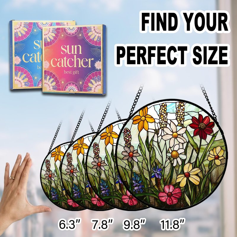Birthday Gifts for Women - Wildflowers Faux Stained Glass Window Hanging Sun Catcher for Door Garden Acrylic Decor Mother's Day Christmas for Mom Nana Grandma Sisters Wife 7.8"