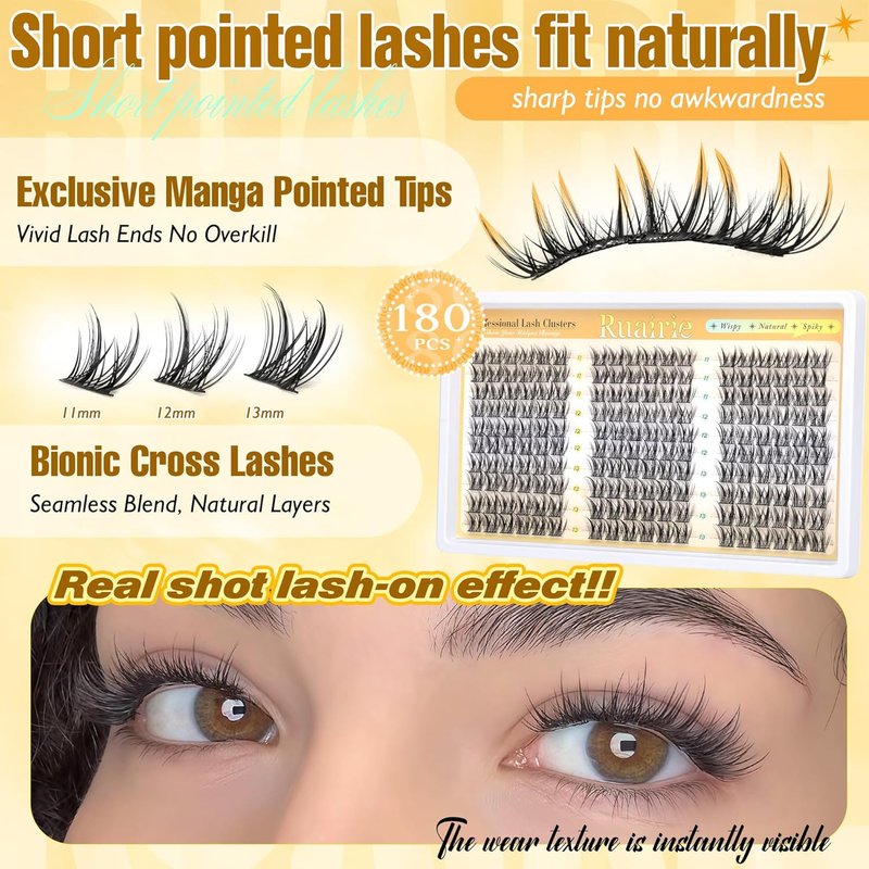 Ruairie Manga Lash Clusters - Natural Wispy Individual Eyelashes | 180pcs C Curl 11-13mm DIY Extensions