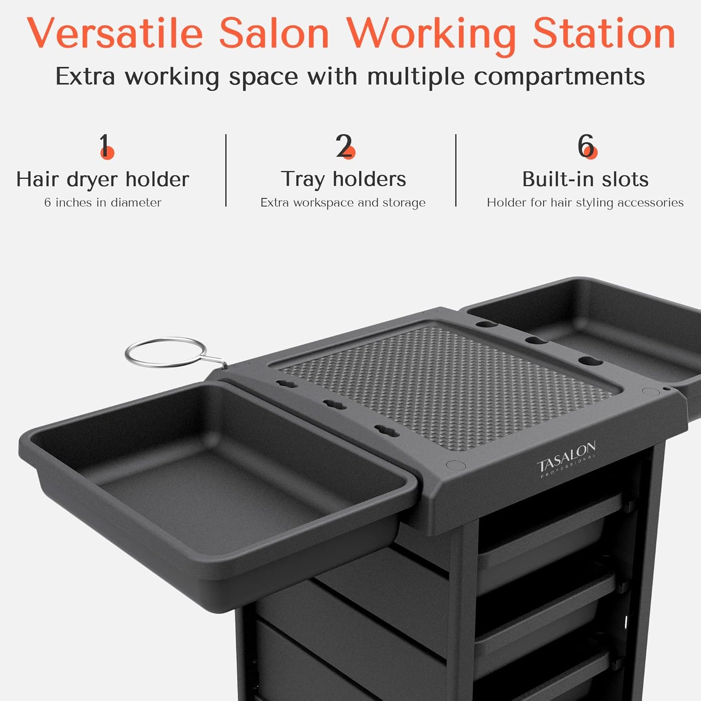 TASALON Salon Trolley - Space-Saving Rolling Cart with 6-Tray Storage - Versatile Tattoo Tray
