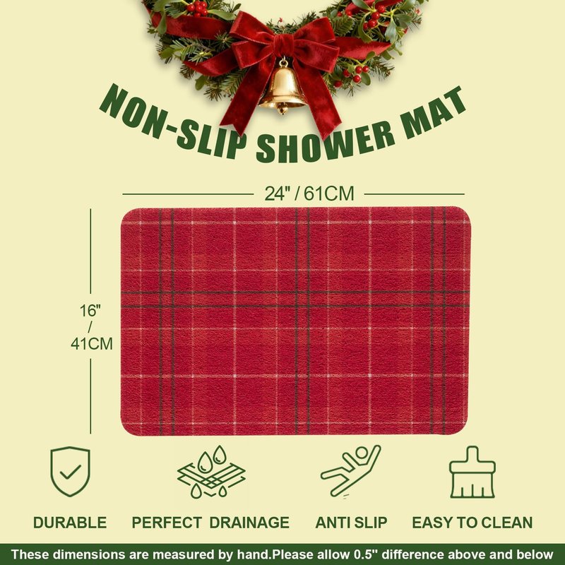 Hargiis Christmas Non-Slip Bathtub Mat, Anti Slip Shower Mat, Fast Drying Bathtub Mats, Foot Scrubber Mat, Anti Slip Mat for Tub, Floor, Bathroom, Kitchen, Home, Hotel (Holiday Plaid, 24"x16")