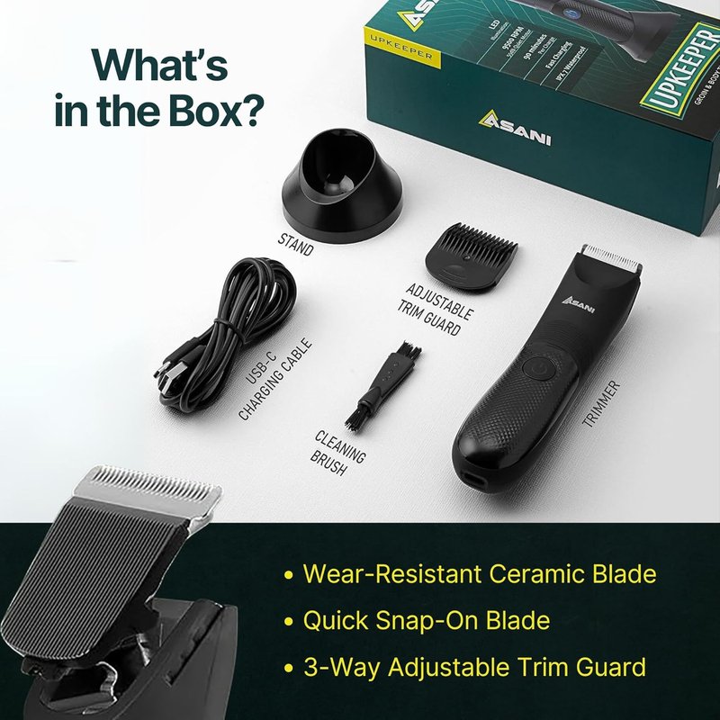 Asani Upkeeper Body Hair Trimmer - Rechargeable Electric Groomer with Nick-Free Blade & LED Light | IPX7 Waterproof for Groin & Legs