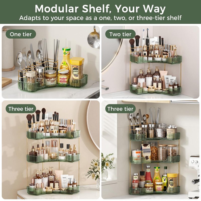 BEFSOP Corner Bathroom Counter Organizer, Upgraded 2-Tier Makeup Organizer Countertop with Makeup Brush Holder, Skincare Exquisite Vanity Organizers Countertop Bathroom Storage Dresser(Green)