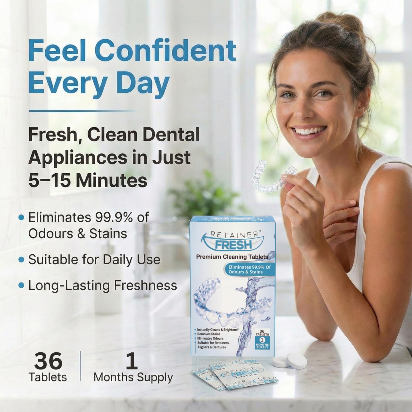 Retainer Fresh Retainer Cleaner Tablets - Denture Cleaner, Retainer Cleaning Tablets, Mouth Guard Cleaner, Aligner Cleaner, Brite Retainer Tablets 36 Tablets 1 Month