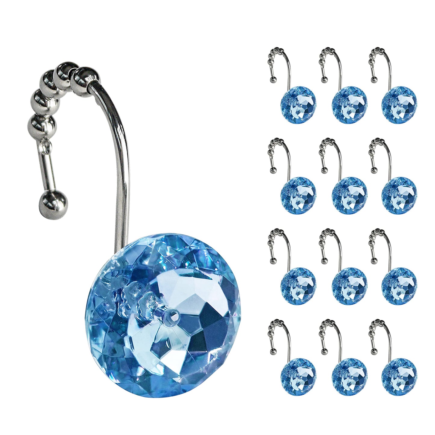 Sunlit Luxury Design Round Blue Diamond Crystal Gem Bling with Glide Balls Shower Curtain Hooks, Rust Proof Metal Rhinestones Glam Shower Curtain Rings-12 Pack