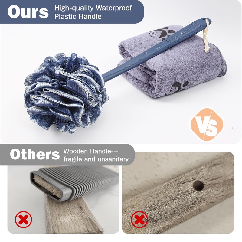 ROLIZOE Loofah With Handle Back Scrubber for Shower, Non-Slip 17" Plastic Handle, Hand Shower & Loofah on a Stick Sponge Set, Deep Blue With White Edge