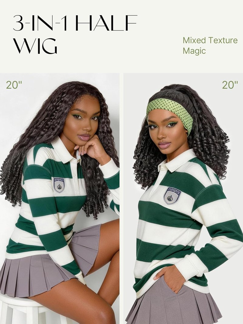 Frodio Kinky Curly Half Wig 20 Inches Veralux Fiber Blend Human Hair 3 in 1 Drawstring 200% Density Glueless Wig with Unique Bouncy Curl in the End, Natural Black Ready to Go Headband Wig for Women