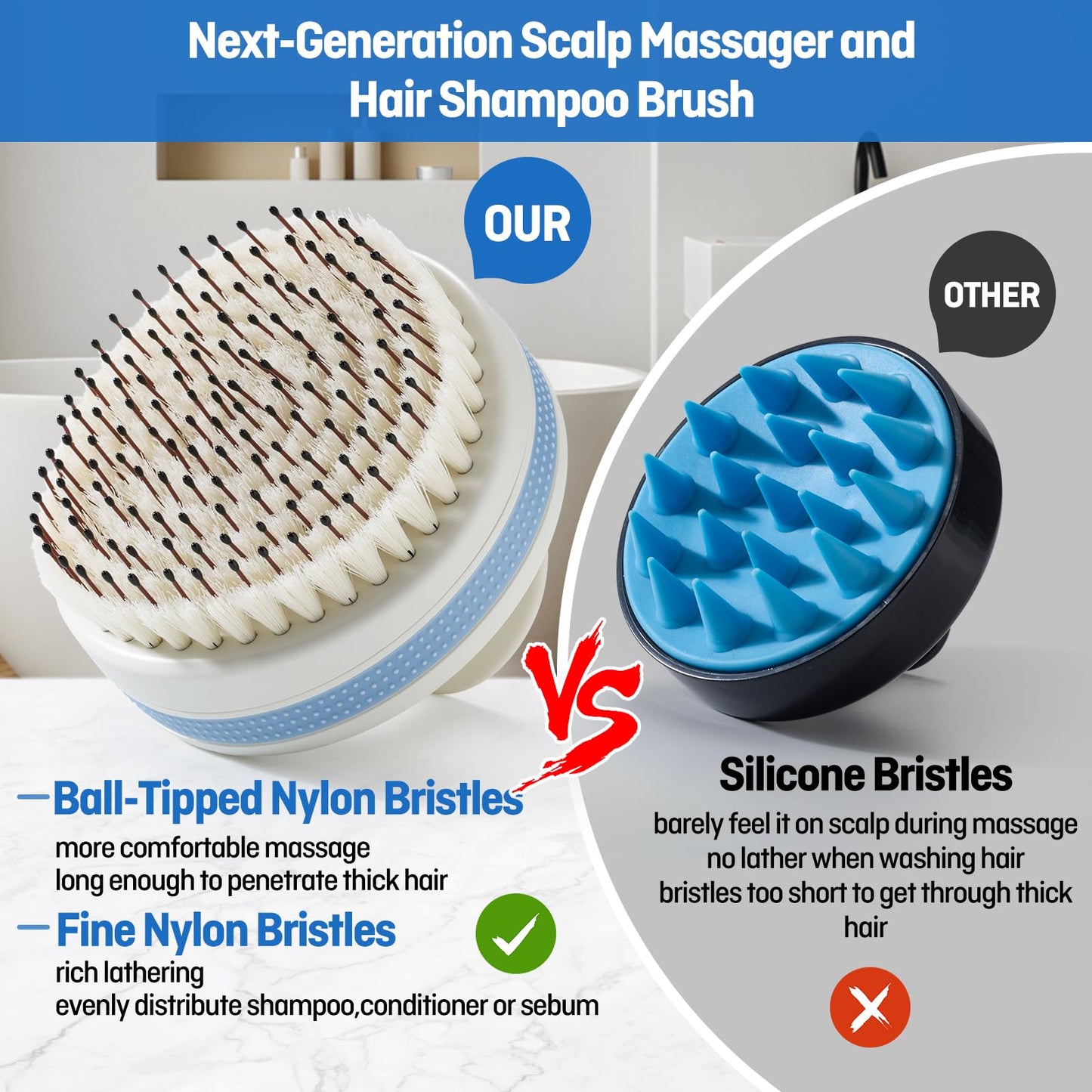 Wonsagain Scalp Massager with Double-Layer Bristles,Anti-Slip Rich-Lathering Hair Washing Shampoo Brush,Curved Scalp Scrubber with Better Head Fit for Dandruff Removal,Wet&Dry Use Scalp Stimulator.