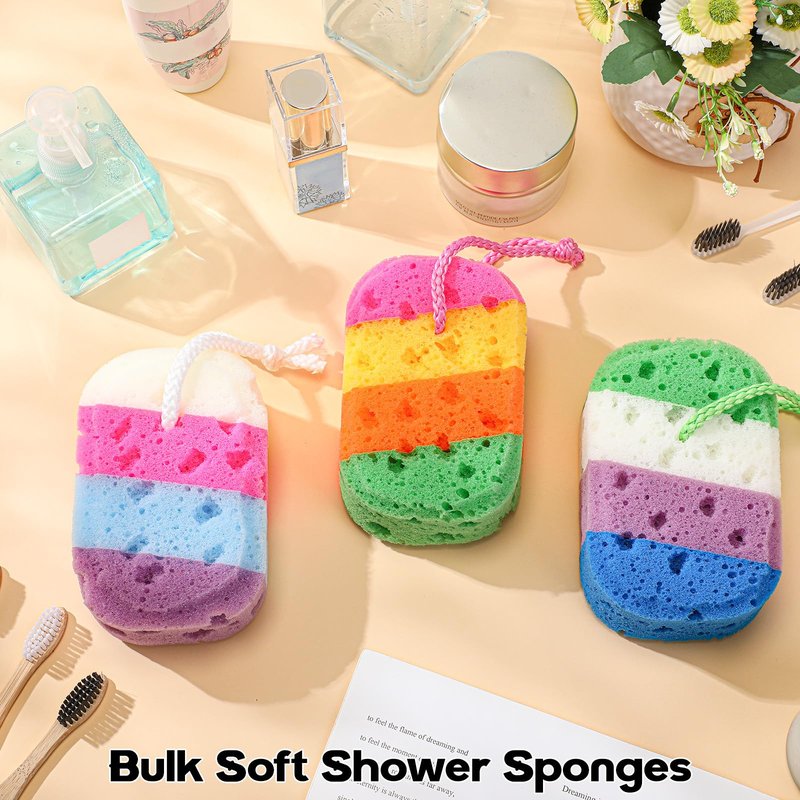 FoldTier 6 Pcs Exfoliating Bath Sponge Body Loofah Sponges Shower for Women Reusable Soft Bathing Pouf Foam Lufa Body Scrubber and Rich Lather, Color Matching(Gradient Colors)