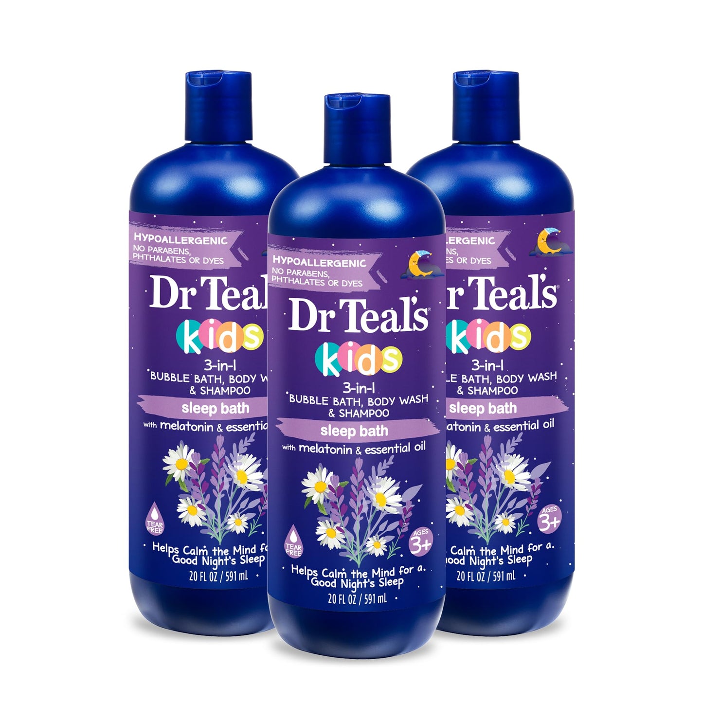 Dr Teal's Kids 3-in-1 Sleep Bubble Bath, Body Wash & Shampoo with Melatonin & Essential Oil, Lavender Scent, 20 fl oz (Pack of 3)