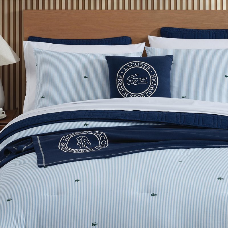Lacoste Pinstripe Croc Comforter Set, 100% Percale Cotton 180TC, Breathable All Season Bedding with Embroidered Crocodile Logo, Blue, Twin
