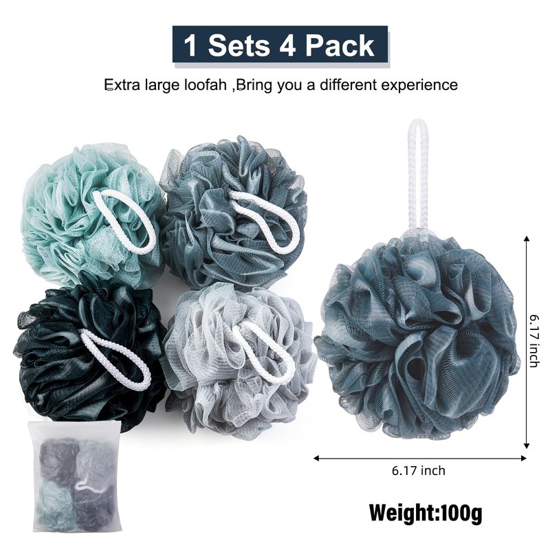 MTDLYICE Loofah Sponge XXL-100g 4 Pack, Bath Sponge Soft Mesh Shower Puff Loofah for Men, Exfoliating Body Scrubber for Women, Shower Accessories (Blue Gray)