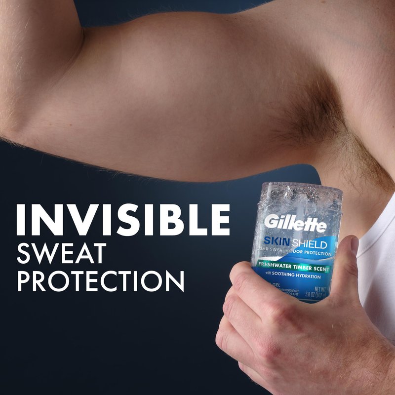 Gillette Antiperspirant Deodorant for Men, SkinShield, 72hr Sweat & Odor Protection, Fights 99% Odor-Causing Bacteria, Soothing Hydration with Vitamin E, Clear Gel, Freshwater Timber Scent, 3.8 oz