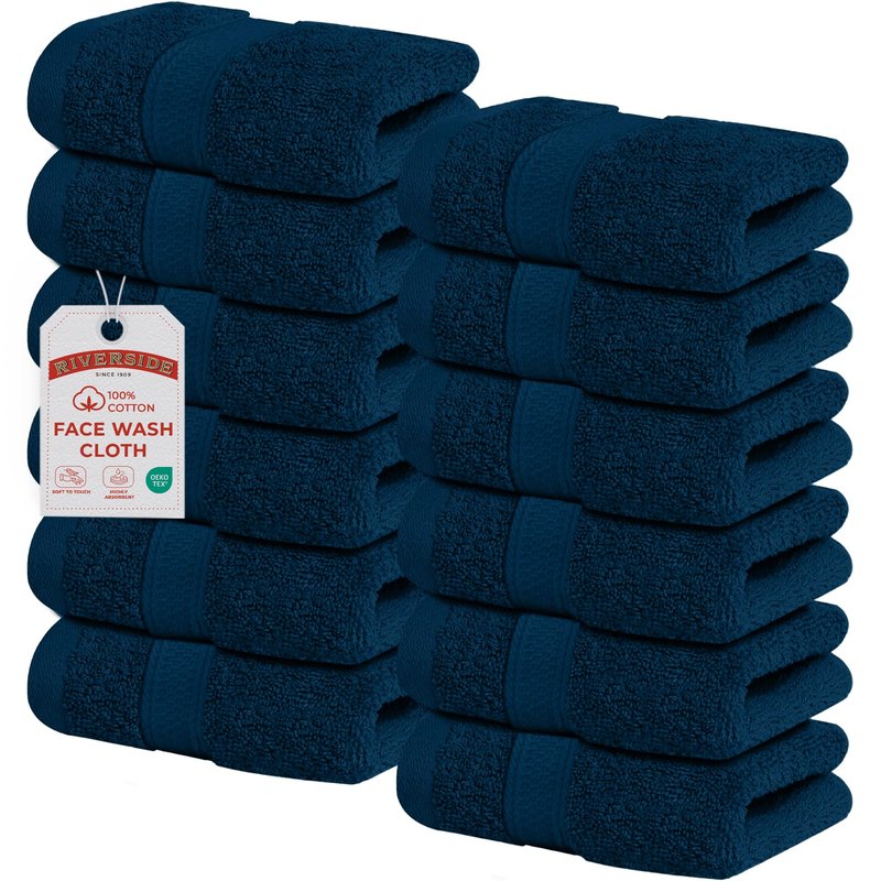 RIVERSIDE 12-Pack Premium 100% Cotton Blue Opal Face Towels for Bathroom [12x12] - Reusable Luxury Face Wash Cloths for Showering - 550 GSM Super Soft & Absorbent Washcloths for Body, Spa & Gym