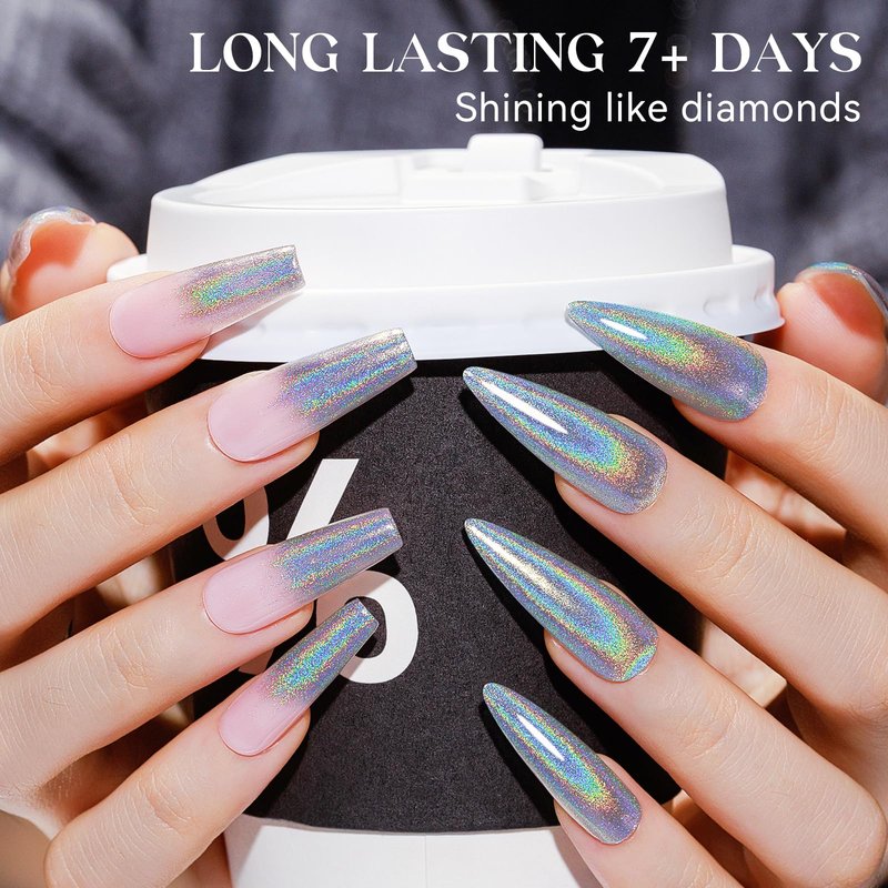 MIZHSE Holographic Nail Polish, Silver Glitter Nail Polish Air Dry Fast, 15 ml 0.5 fl oz High Glossy Shiny Nail Pigment Oil-based Laser Iridescent Nail Lacquer Chrome Halo Nail Art Salon Manicure Home