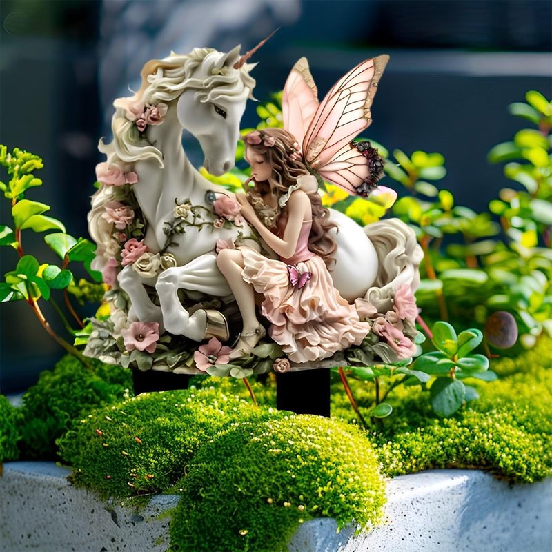 Fairy and Unicorn Acrylic Garden Stake, Indoor and Outdoor Garden Acrylic Decoration, Suitable for Flower Pots and Landscape Beautification, Suitable for Courtyards and Lawn