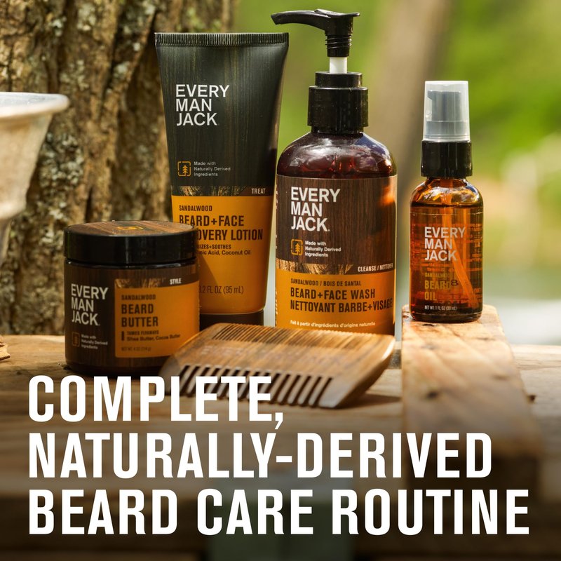 Every Man Jack Beard Essentials Gift Set for Men – Complete Routine with 5 Full-Size Essentials – Sandalwood Scent - Beard & Face Wash, Lotion, Oil, Butter & Comb