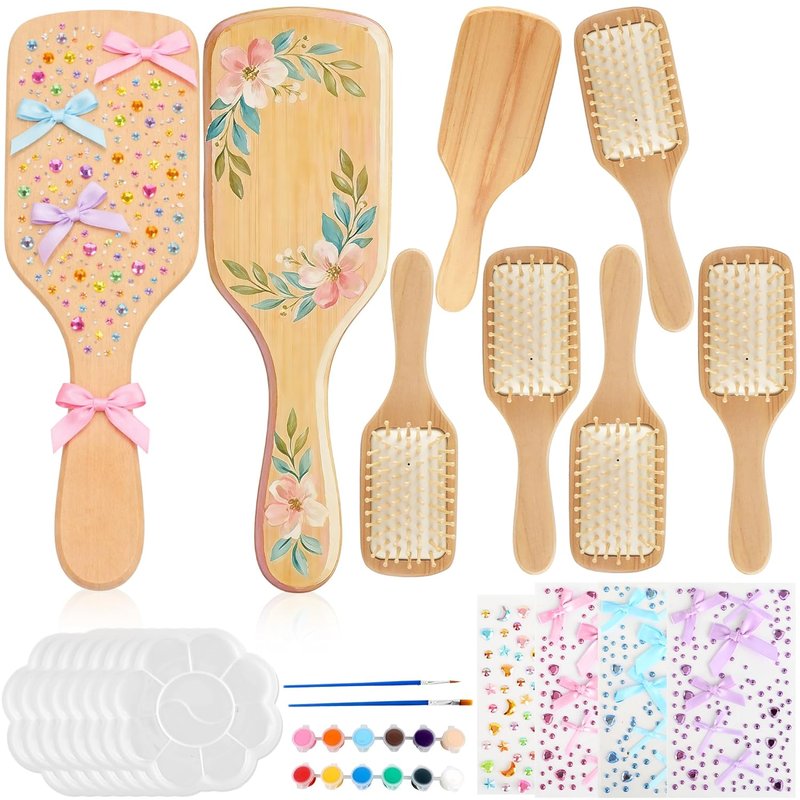 DIY Wooden Hairbrush Painting Kits - Natural Wood Paddle Brush with Stickers for Arts & Crafts | 8 Sets for Girls