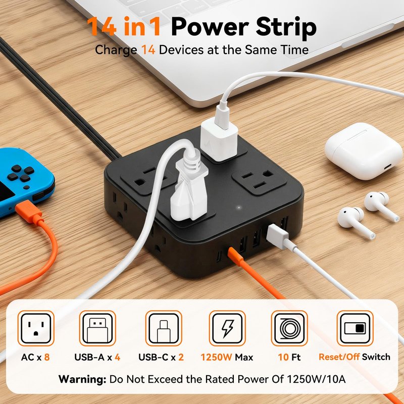 HLCZLUZ 10Ft Extension Cord w/ 8 Outlets & 6 USB (2 USB C), 1250W 900J Protection Power Strip w/Power Switch, Surge Protector Power Strip Flat Extension Cord Outlet Extender for Home Office