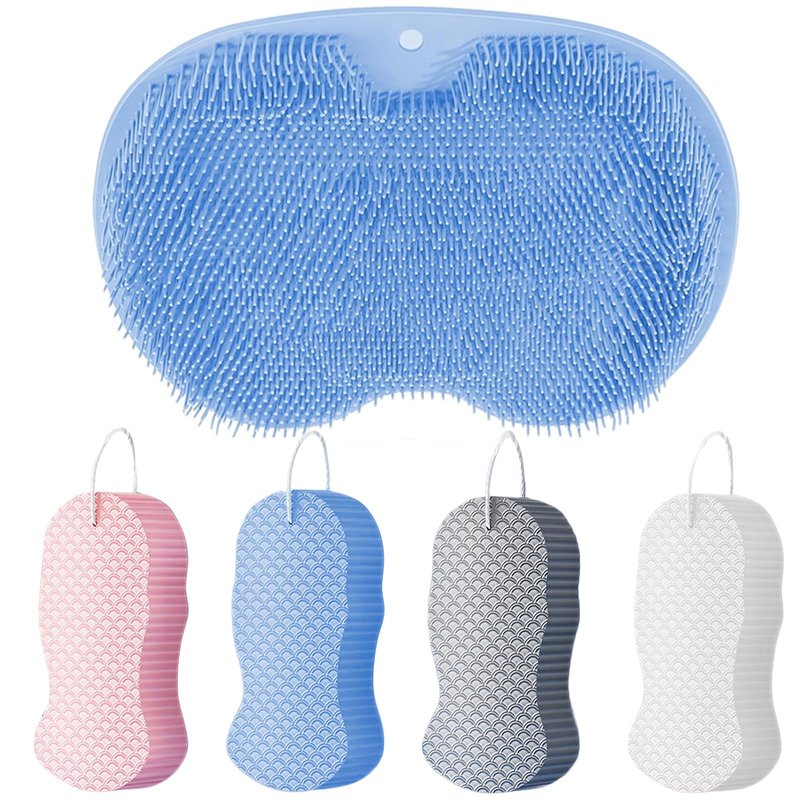 Silicone Shower Foot Scrubber Mat,Foot Scrubber In Shower with Non-Slip Suction Cups mit 4PCS Magic Exfoliating Bath Sponge for Body, Deep Exfoliating Foot/Back Cleaning Pad for Bath