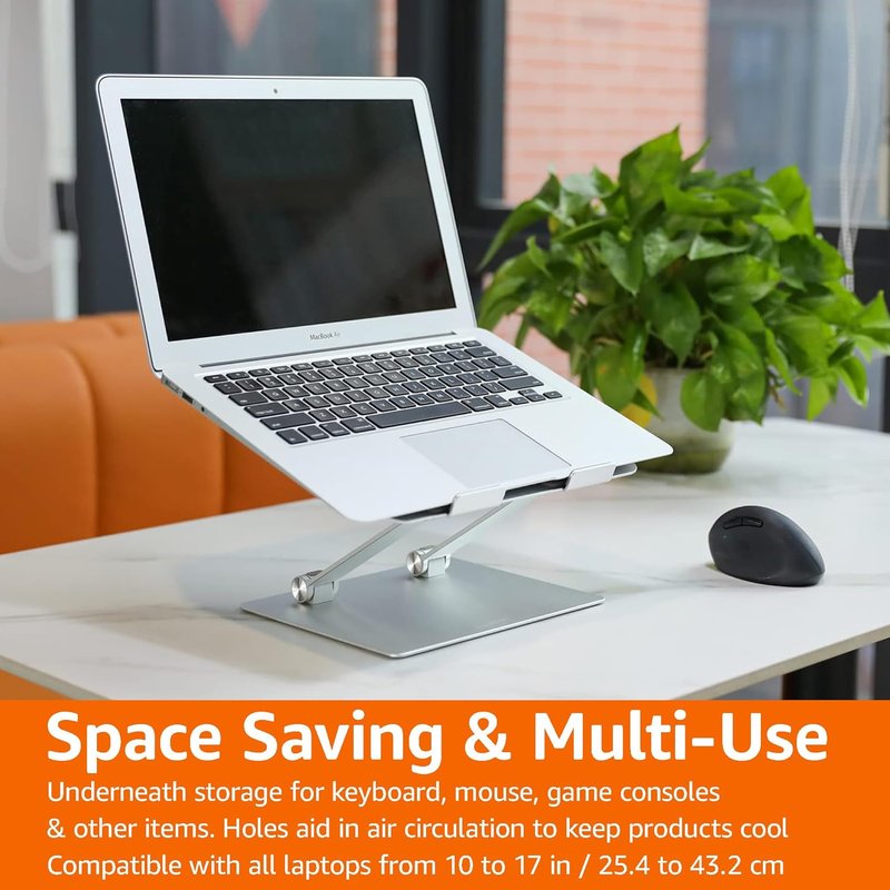 Ergonomic Laptop Stand - Height Adjustable & Portable Riser with Ventilated Cooling | Fits Laptops Up to 15.6 Inch - Silver