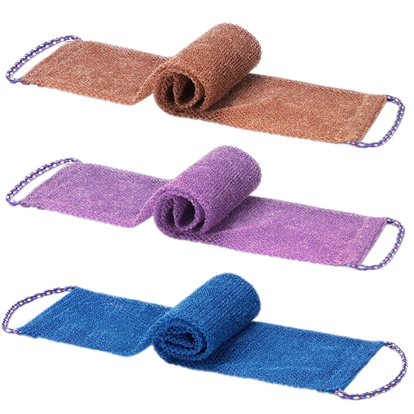 Yrarbil 3 Pieces African Net Sponge, African Exfoliating Bathing Back Scrubbers with Handles, Shower Net Body Scrubber Skin Smoother (Blue Purple Coffee)