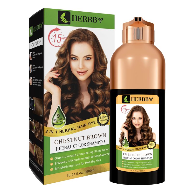 HERBBY Gray Hair Coverage Shampoo & Conditioner - Color Transform with 9 Herbal Extracts, Long-Lasting (6-8 Weeks), Shiny, Even Coloring, Instant Hair Dye, 500 ml (CHESTNUT BROWN)