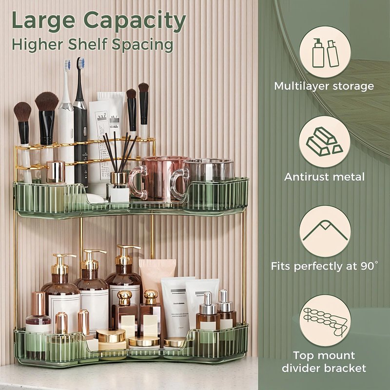 BEFSOP Corner Bathroom Counter Organizer, Upgraded 2-Tier Makeup Organizer Countertop with Makeup Brush Holder, Skincare Exquisite Vanity Organizers Countertop Bathroom Storage Dresser(Green)