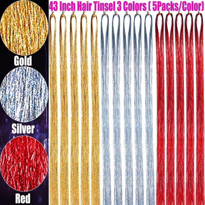 Skiennix Hair Tinsel Kit - 3000 Strands of Sparkling 43-Inch Hair Extensions | 3 Colors for Parties