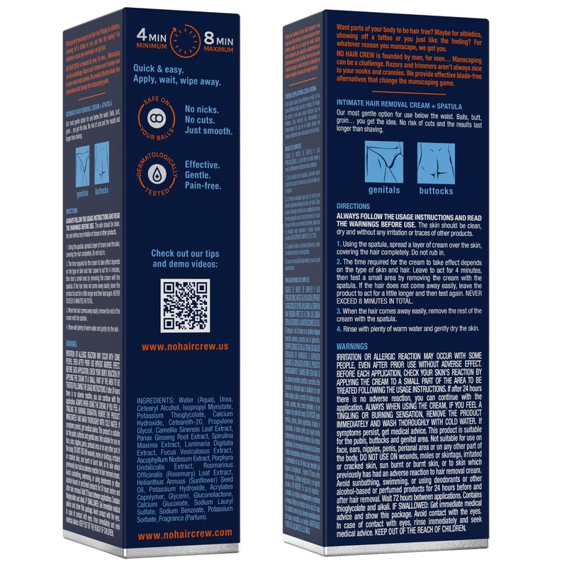 No Hair Crew Intimate/Private At Home Hair Removal Cream for Men - Painless, Flawless, Soothing Depilatory for Unwanted Coarse Male Body Hair, 100ml