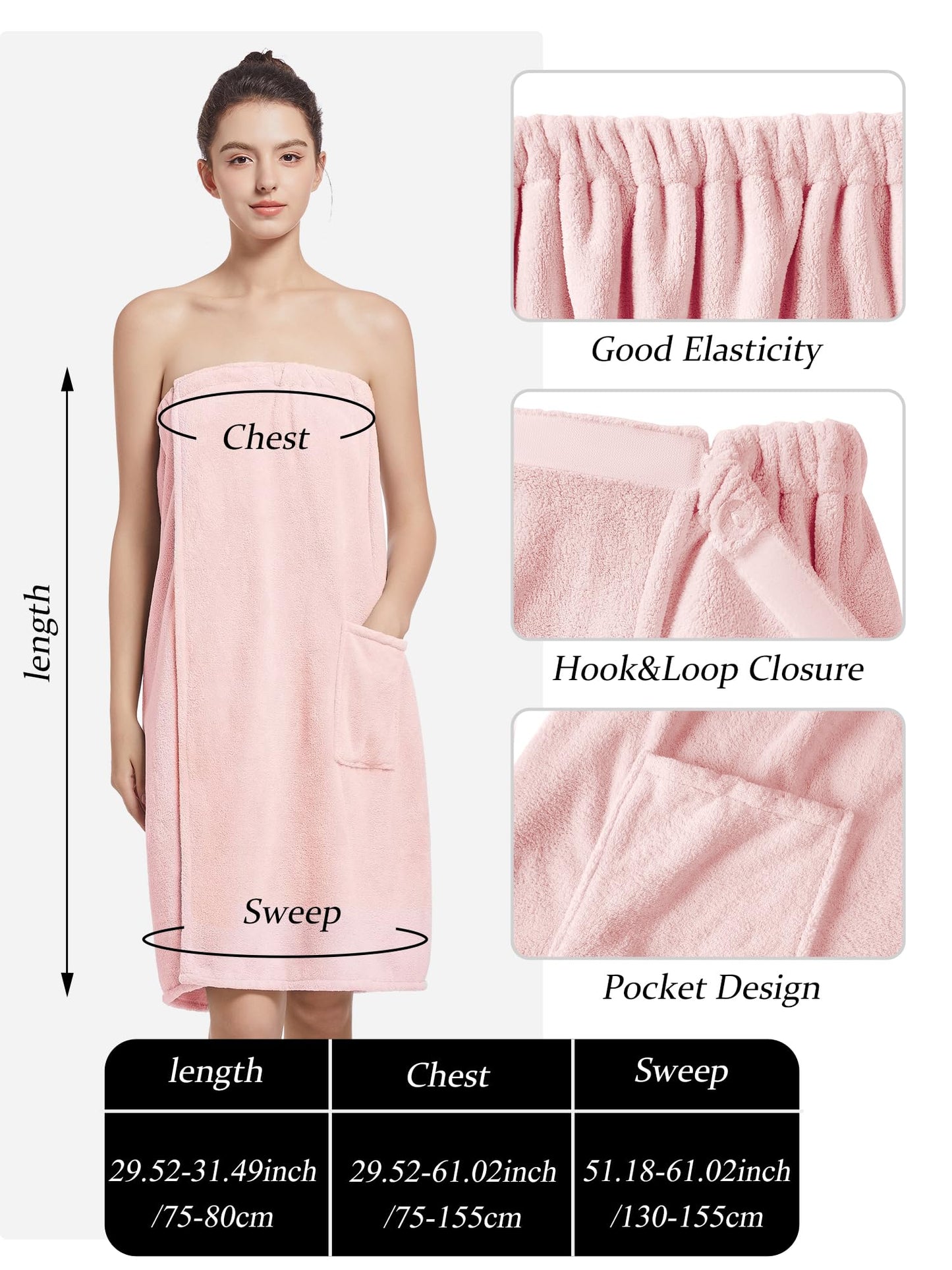 Women'S Soft Wrap Towel Full Length，Bath Robe After Shower Female Plush Long，Spa Bathrobes Lightweight With Pockets (US, Alpha, One Size, Regular, Regular, Light Pink)