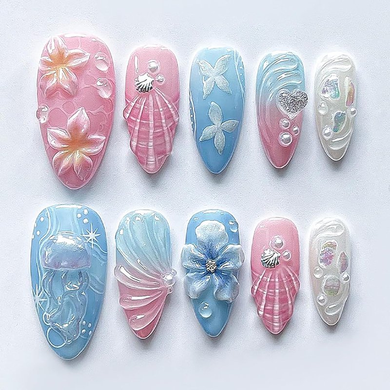 Skiennix 3D Ocean Press-On Nails - Handmade Hibiscus Flower Design | Pink Blue Gradient, 30PCS