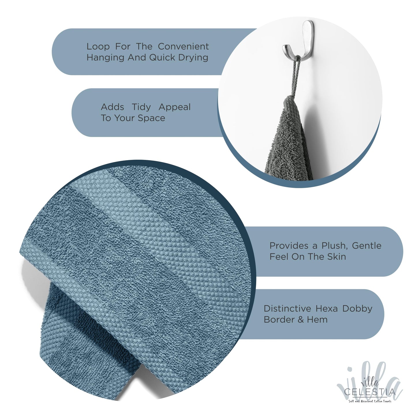 Villa Celestia Cotton Washcloths Set of 6, 12x12 Inch, 100% Ring-Spun Combed Cotton, Soft Absorbent Quick-Dry Wash Cloths for Face and Body, Oeko-TEX Certified, Hotel & Spa Quality, Blue