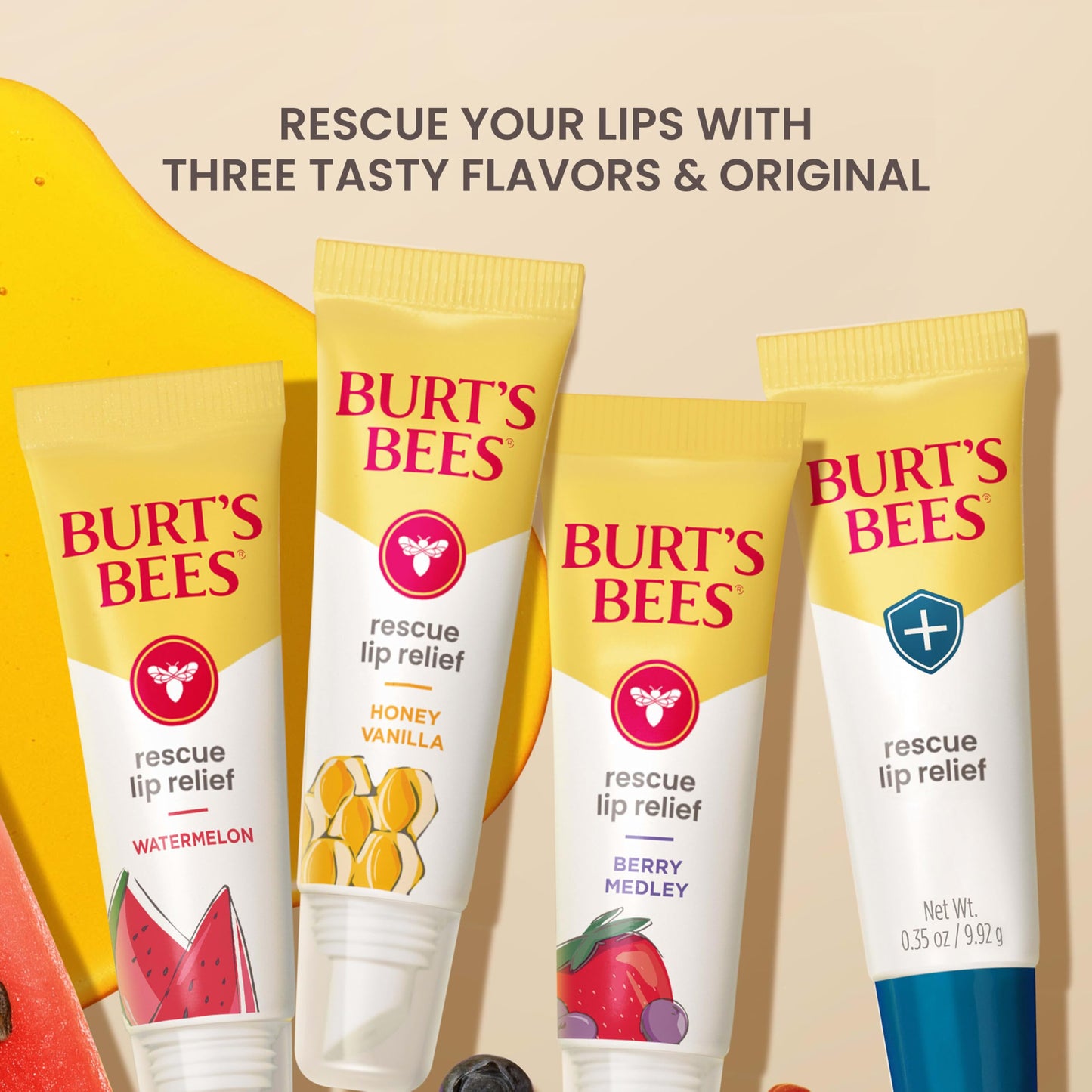 Burt's Bees Rescue Lip Relief, Berry Medley, Hydrating Lip Balm for Dry Cracked Lips, with Responsbily Sourced Beeswax and Shea Butter, 100% Natural Origin, 1 Squeezy Tube, 0.35oz
