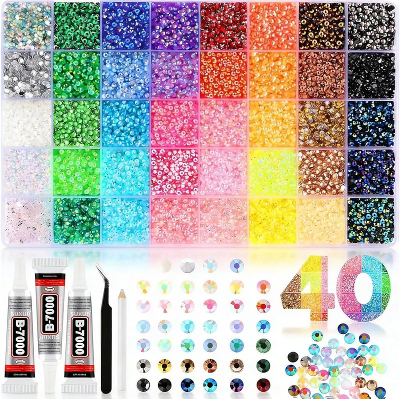 40 Color Resin Jelly Rhinestones for Bedazzling, 3mm Flatback Gems for Diamond Art, Bedazzler Kit with 3Pcs 10ml B7000 Jewelry Glue for Nail Art Crafting Book Makeup(36000Pcs)
