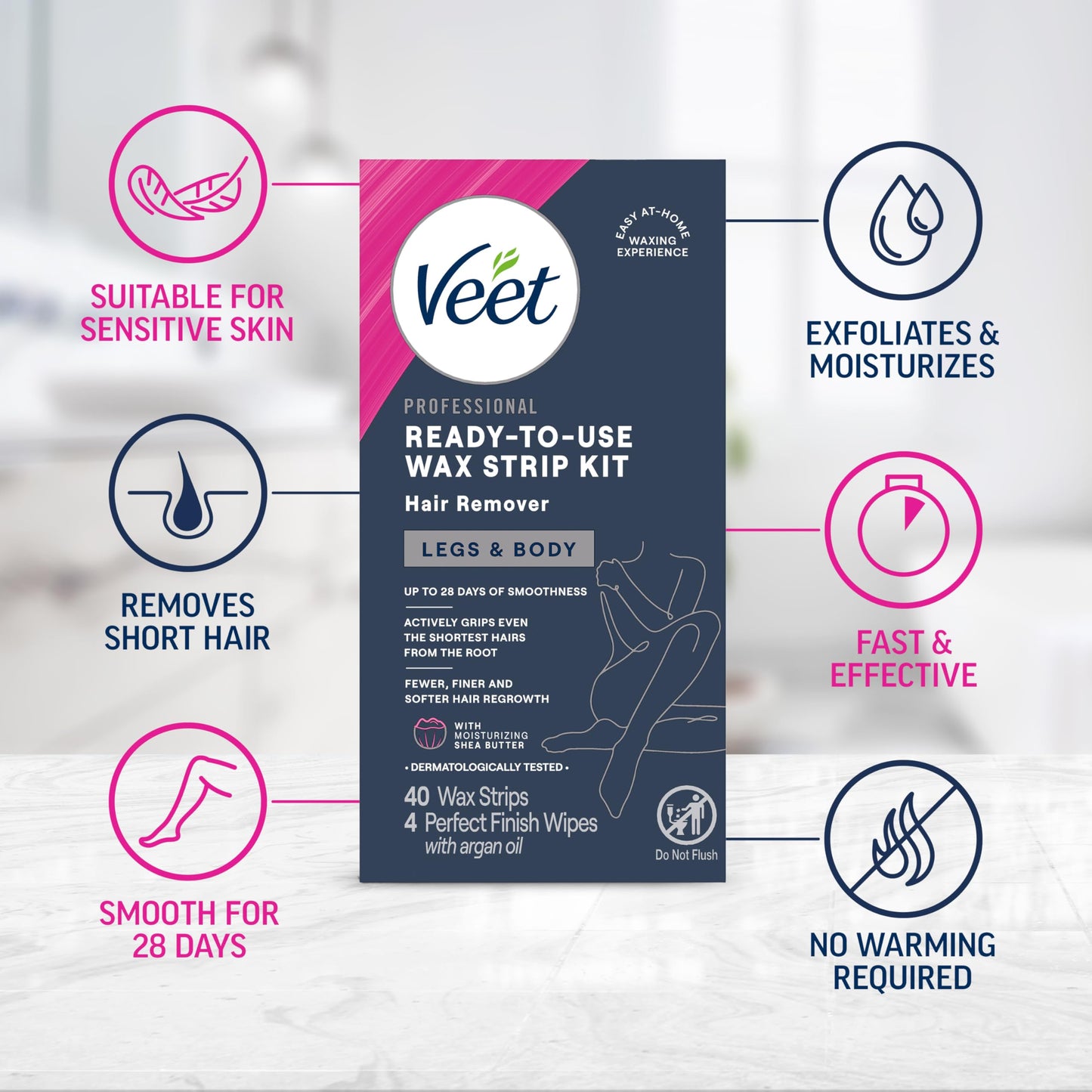 VEET Ready-To-Use Waxing Kit For Women, Wax Strips For Body Hair Removal, Wax Kit For Legs and Body, Personal Care Product, Hair Remover, 40ct Waxing Strips (20 Double-Sided), 4ct Body Wipes