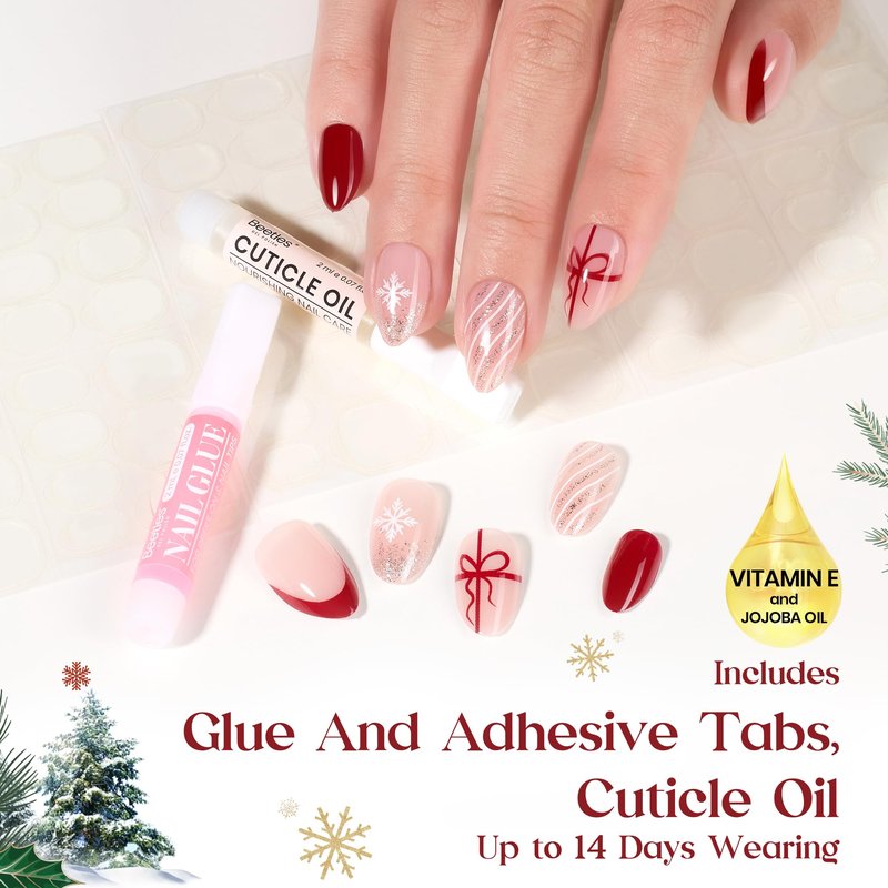 Beetles Christmas Press On Nails - Christmas Bow | Short Almond Press On Nails | 32Pcs 16 Sizes Natural Salon Quality Red French Nail Tips With Quick-drying Nail Glue For Women