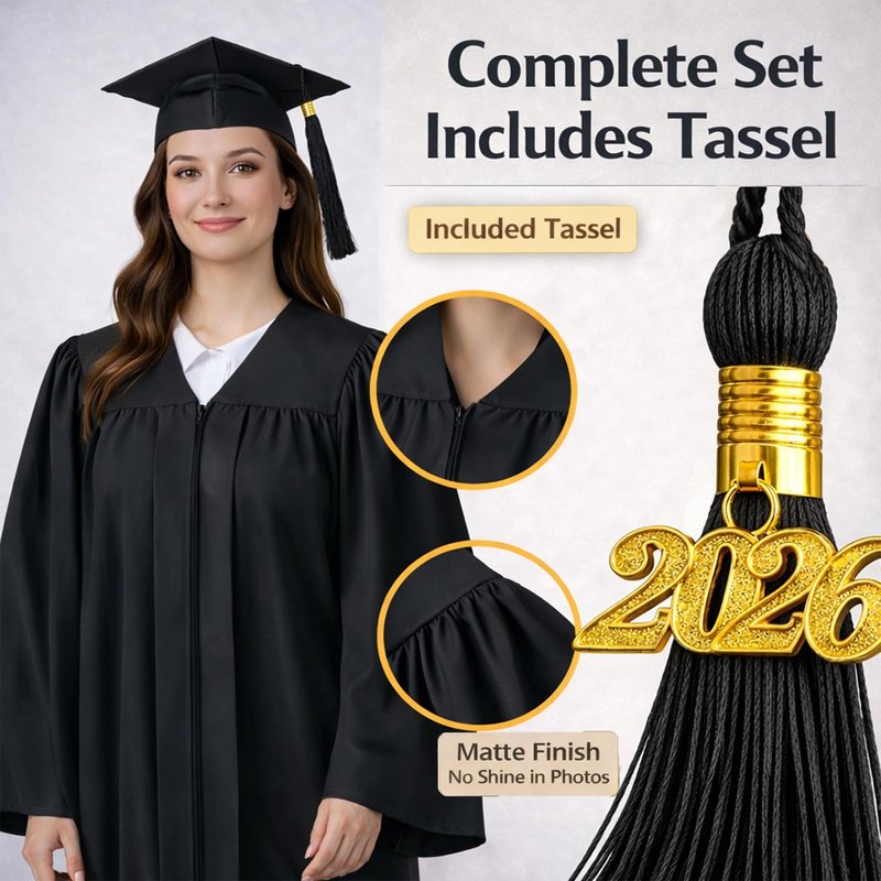 Happy Secret Matte Graduation Cap and Gown Set with Tassel and 2026 Charm for High School College Graduation