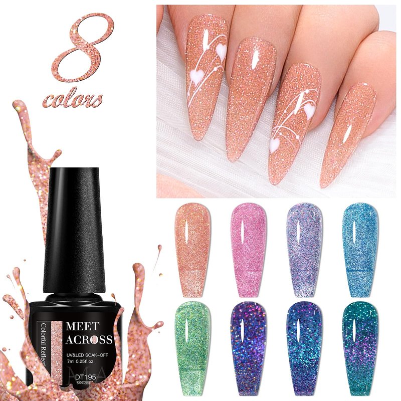 MEET ACROSS 12PCS Gel Nail Polish Set Glitter Gel Polish Pink Blue Purple Green Nail Polish Kit Soak Off Uv/Led Nail Gel DIY Manicure Gift for Her 8 Colors