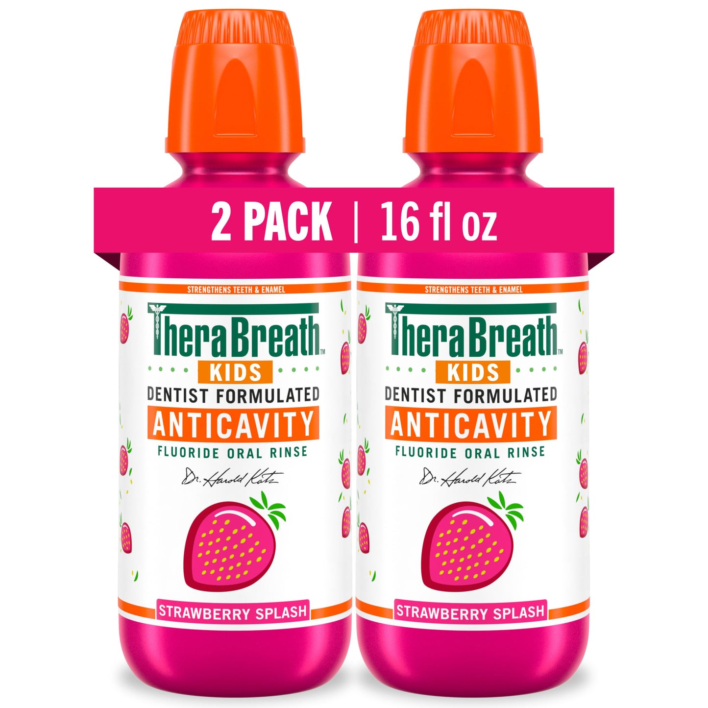 TheraBreath Kids Mouthwash with Fluoride, Organic Strawberry Splash, Anticavity, 16 fl oz, 2 Pack