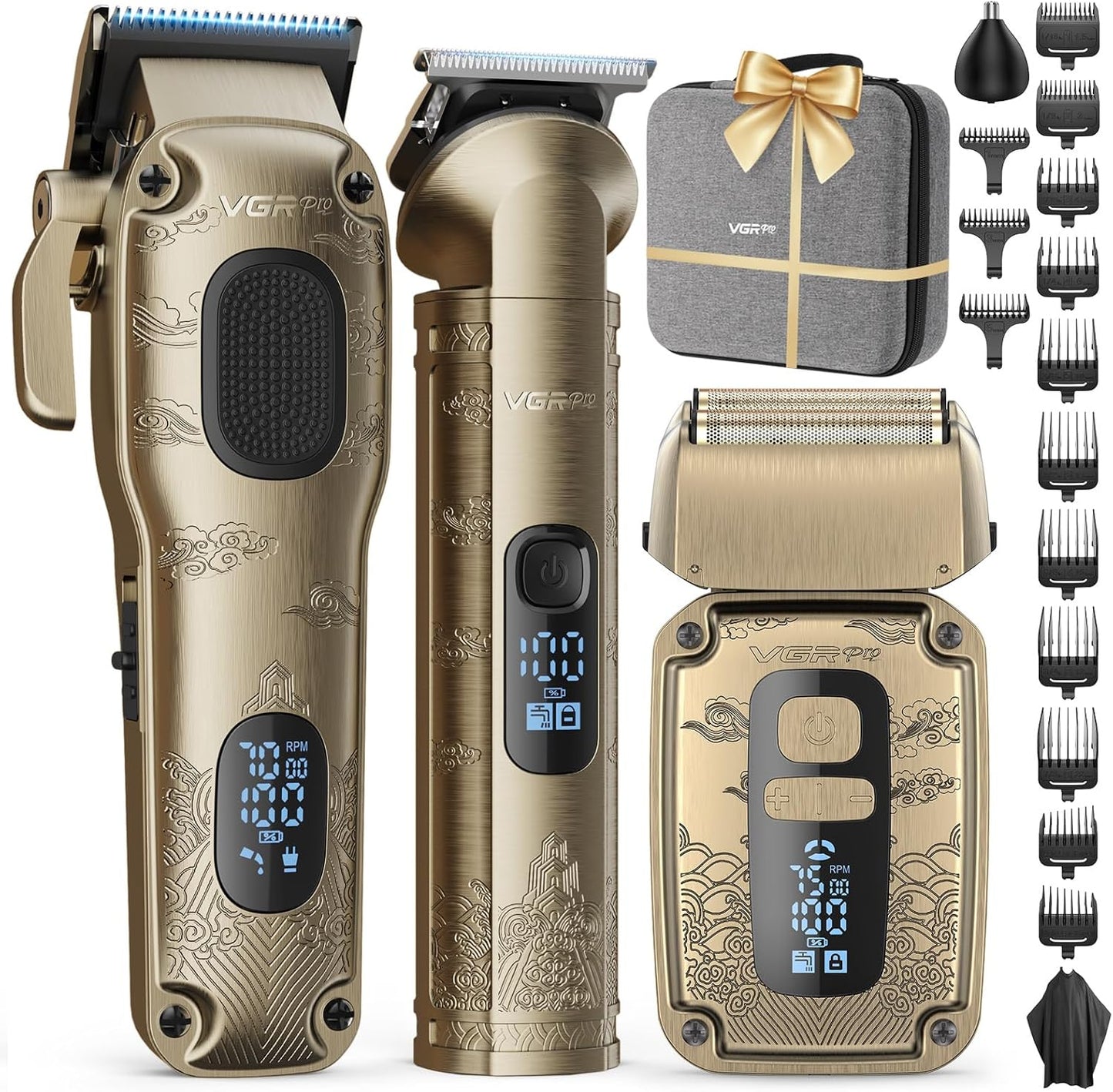 VGRPRO Hair Clipper & Trimmer Set - Professional Waterproof Electric Razor for Men | Cordless, 4-Speed, LED Display