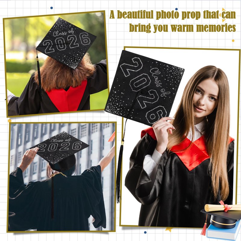 Jamntower Rhinestones Graduation Cap Class of 2026 Crystal Grad Cap for Men Women Girls High School Bachelor Photo Props(Silver)