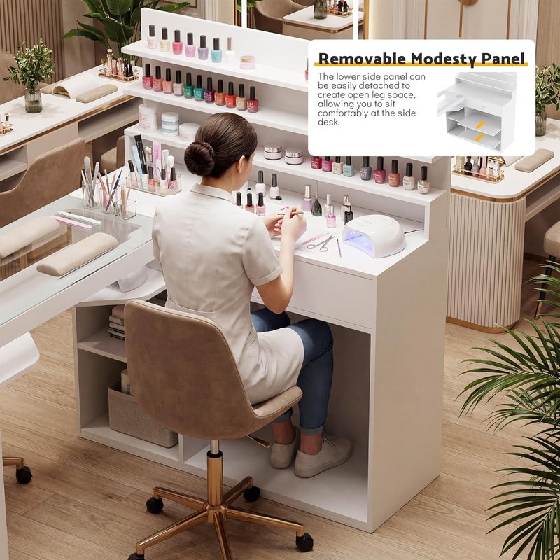 Manicure Table - 60-Inch L-Shaped Nail Desk with Glass Top | White with Shelves & Drawer Storage