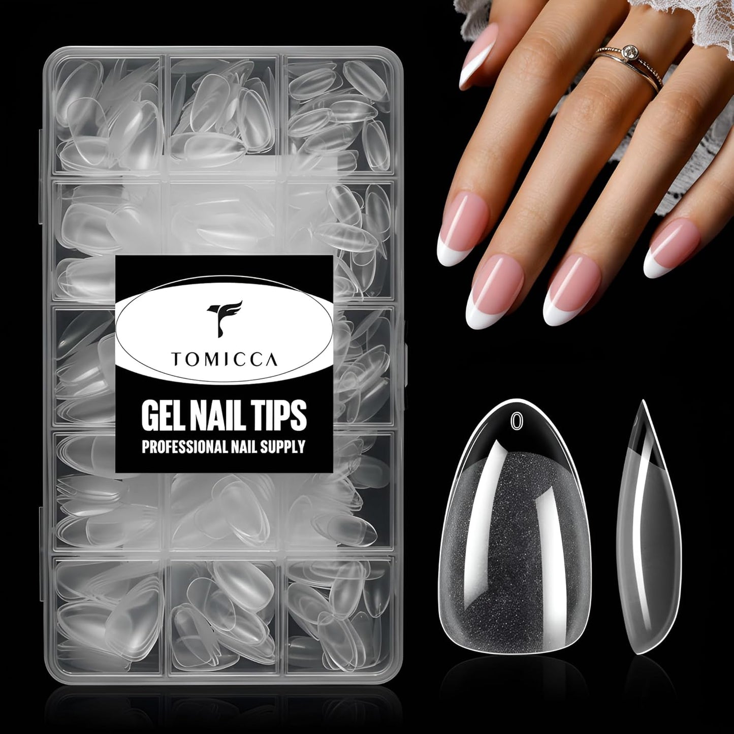 TOMICCA Short Almond Nail Tips - Pre-Shaped Half Matte Clear Full Cover Extensions | 240PCS in 15 Sizes