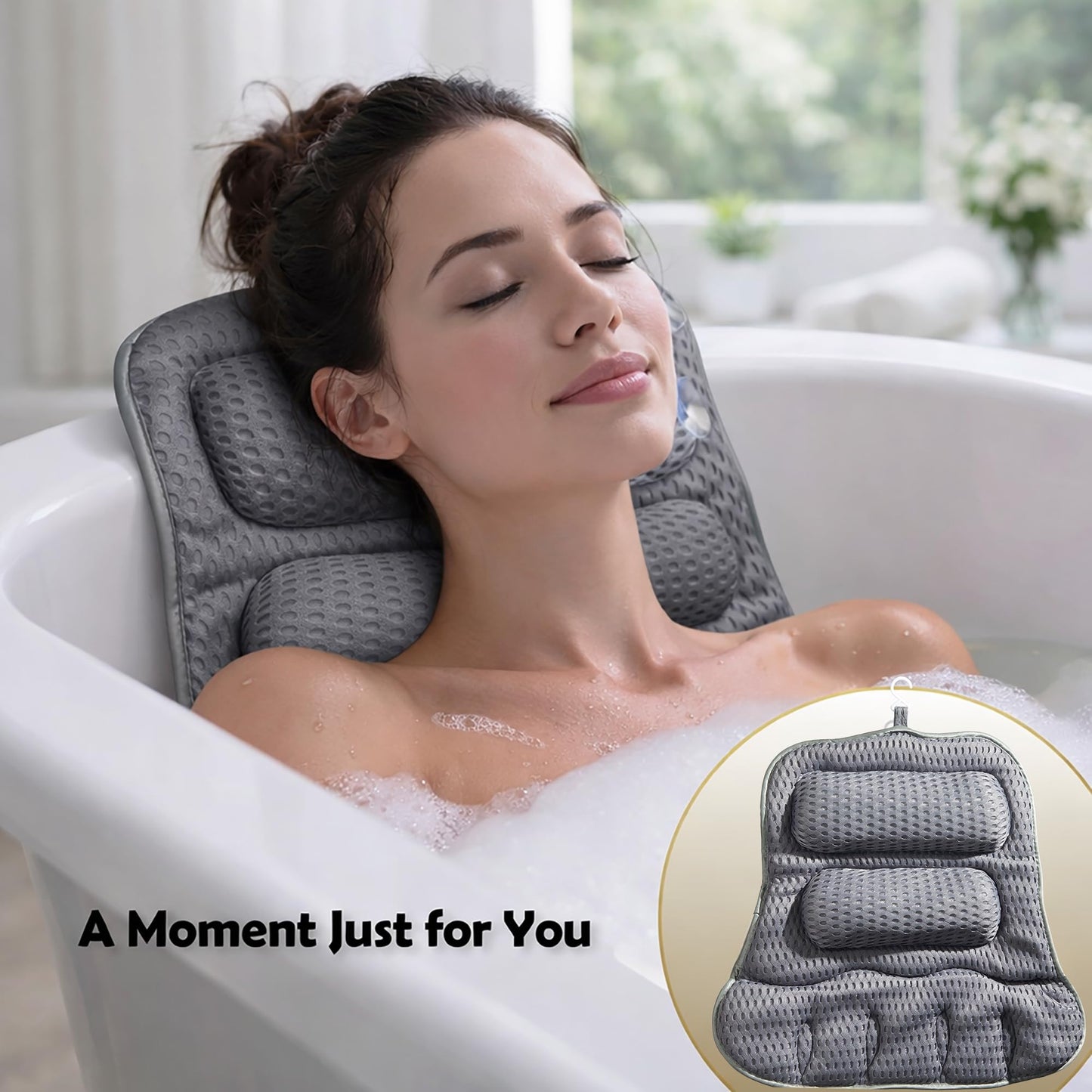 Bath Pillows for Tub, Full-Body Relaxation with Head, Neck & Shoulder Support, Ergonomic Design, 10 Suction Cups, Breathable 4D Air Mesh (Grey)