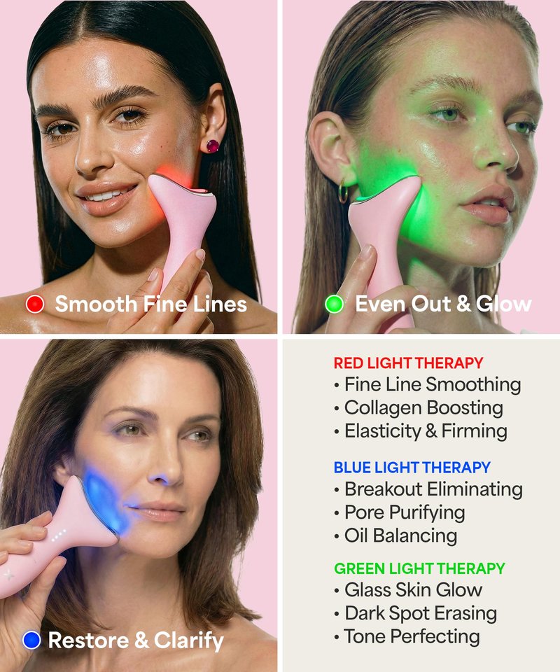 REVO Genie Facial Massager for Face and Neck, LED Beauty Device with Heat and Vibration, Depuffing Sculpting Tool with Red Blue Green Light Modes for Skincare Routine